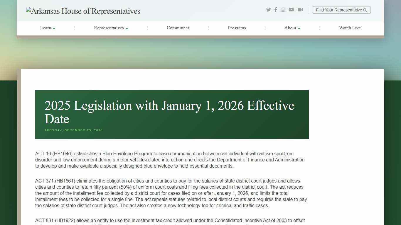 2025 Legislation with January 1, 2026 Effective Date - Arkansas House of Representatives